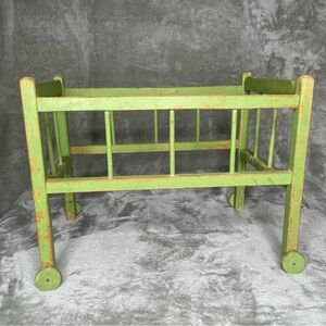 1950's Antique Wooden Green Doll Crib with Wheels and Classic Design